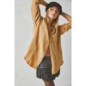 FREE PEOPLE We the Free Summer Daydream Frayed Button Down Shirt Taupe Size M NE